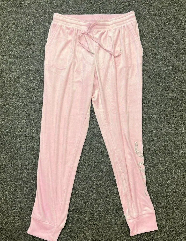 Juicy Couture Womens Pink Big Bling Rhinestone Drawstring Velour Joggers US Sz L - Image 2
