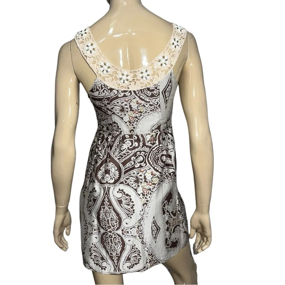 Free People Women’s Size 2 Espresso Brown Cream Embellished Beads Shift Dress - Image 5