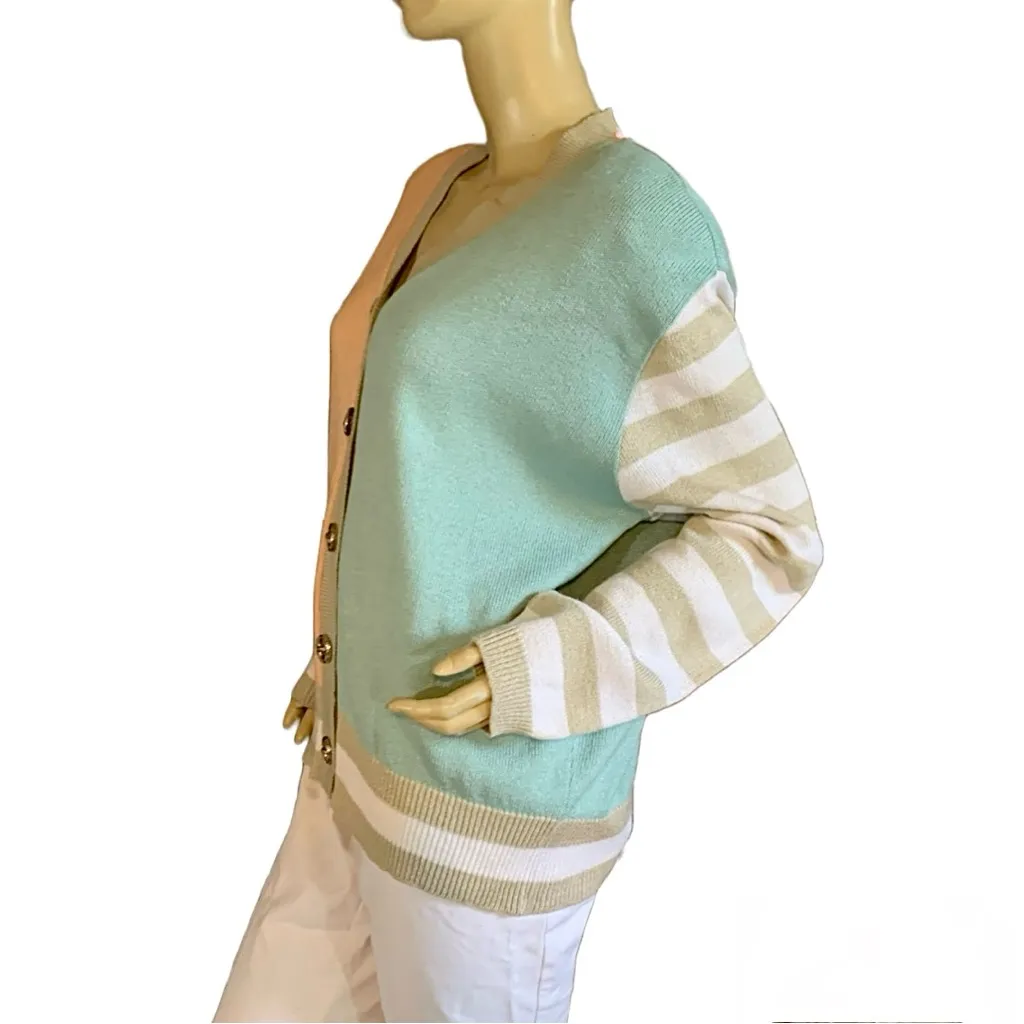 VINTAGE 1990'S PEACH, MINTY BLUE & TAUPE PASTEL COLOR BLOCK CARDIGAN (L) Orange Size L - Image 5