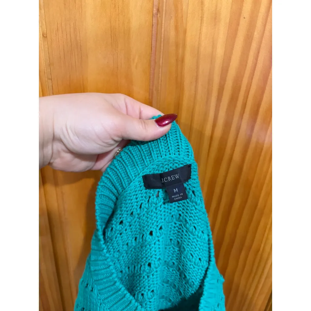 J.Crew Teal Open Knit Cotton Blend Sweater Pullover Crewneck Size M - Image 8