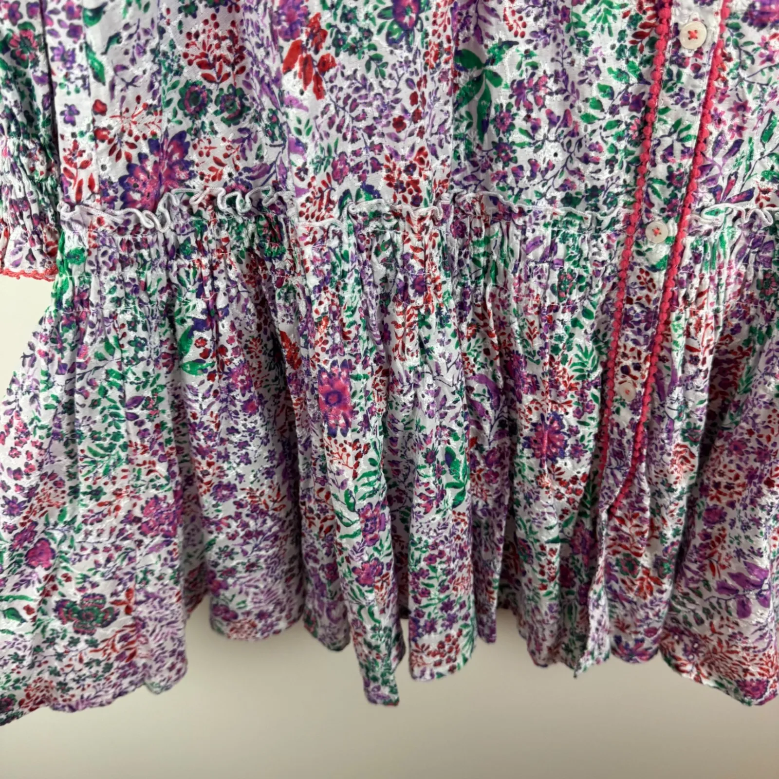 Poupette St Barth Floral Button Front Tiered Mini Dress Tunic Colorful Beachy Purple Size M - Image 3