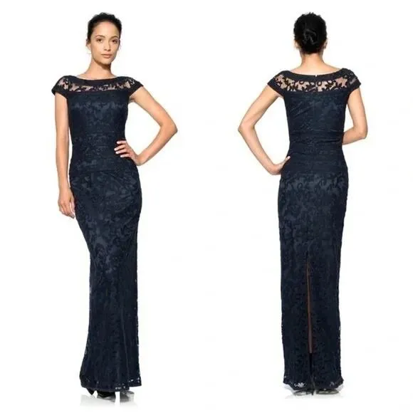 Tadashi Shoji Embroidered Banded Lace Maxi Length Gown Dress Navy Blue 4 - Image 2