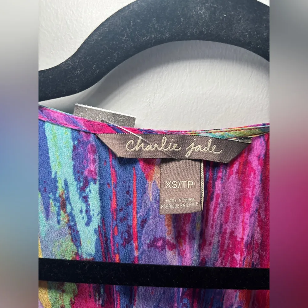 Charlie Jade Women's Multicolor 100% Silk‎ Belted Faux Wrap Dress Size XS - Image 7