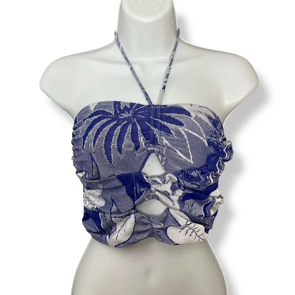 Zara‎ Halter Crop Top Blue Tropical Size Small Cut-Outs Women Beachy Palm Leaves - Image 4