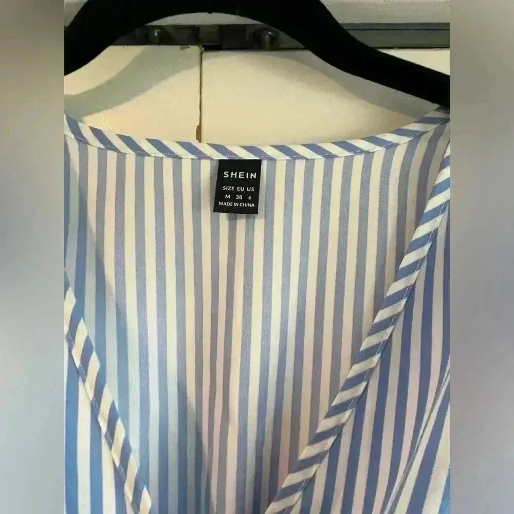 Striped Blue & White Flutter Sleeve  Dress with Smocked Waist‎ V-Neck Casual B1 - Image 8