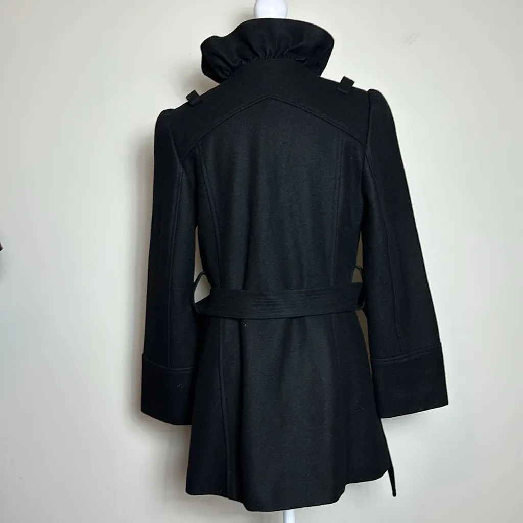 Vtg. Versace‎ Wool Cotton Blend Belted Ruffle Pea Coat Black Size Large - Image 6