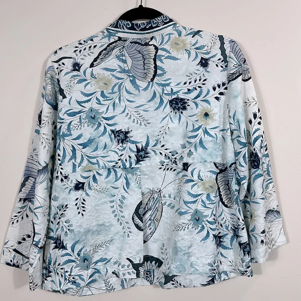 Citron Santa Monica Cotton Silk Three Button Blazer Floral Butterfly Large Read Blue - Image 2