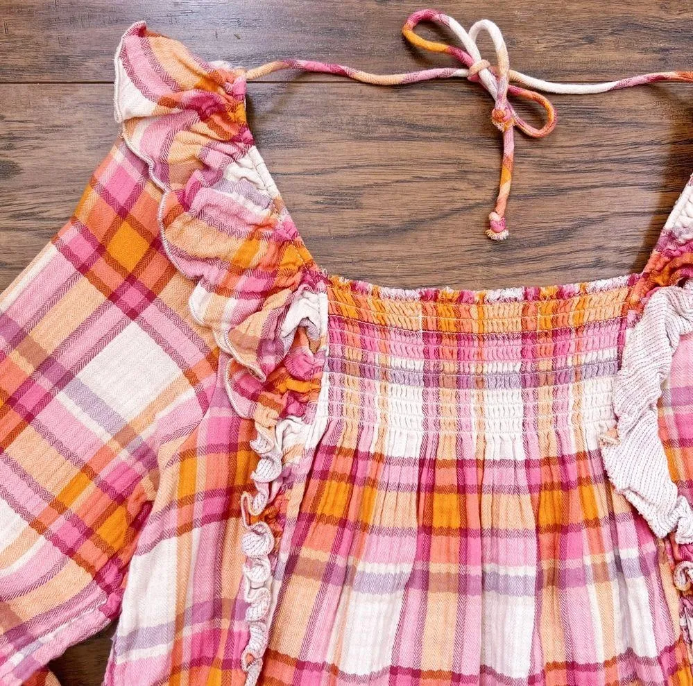 Free People • Siena Plaid Pullover top blouse orange pink smocked peasant - Image 14