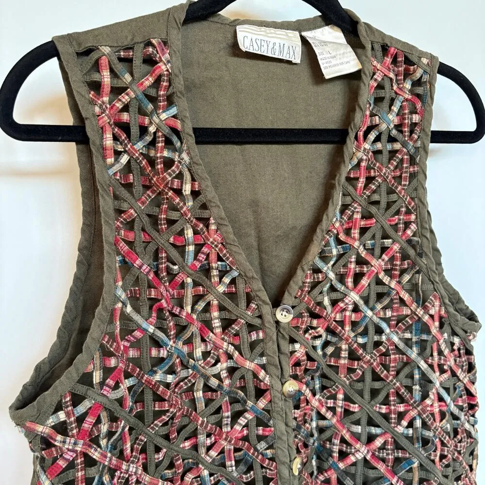 Vintage 90s Olive Green Hippie Cottage Vest Woodstock Boho Art Girl Large - Image 2