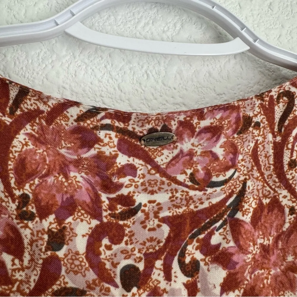 O’Neill pink and brown tropical floral peplum button blouse 3/4 sleeve size M - Image 6