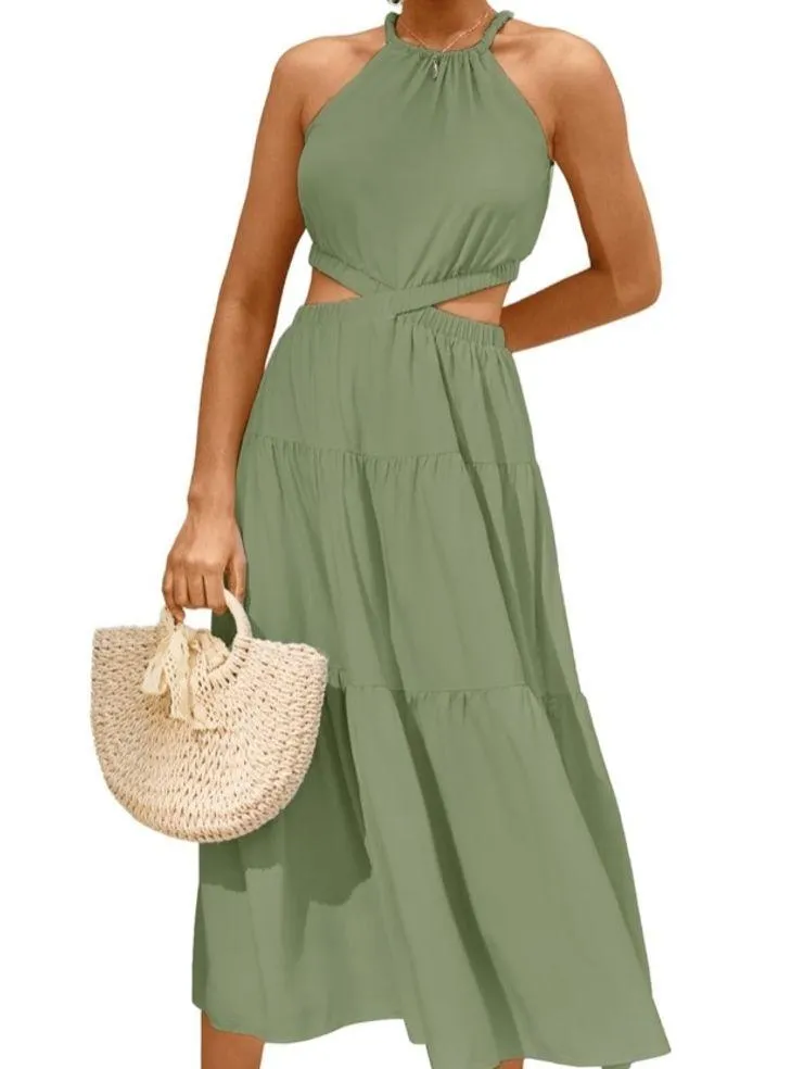 MIHOLL Cutout Halter Neck Tiered Dress Green - Image 2
