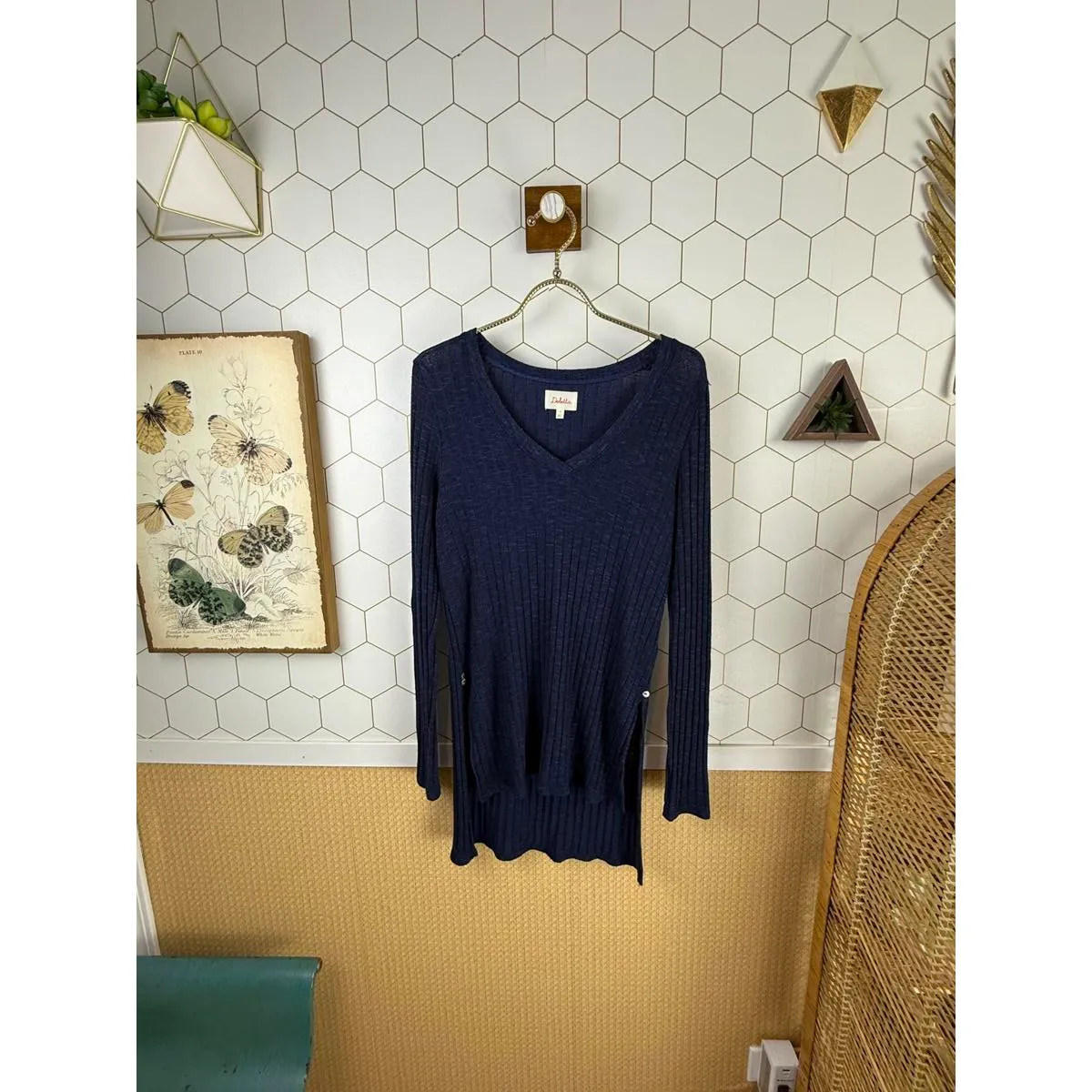 Deletta by Anthropologie Navy Blue V-Neck Button Detail Tunic - Size - Small - Image 3