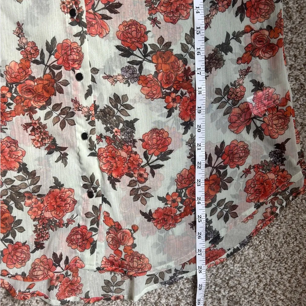 A New Day Mint Orange Long Sleeve Button Down Collar Blouse Floral Semi Sheer - Image 6