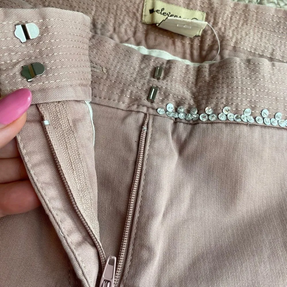 Anthropologie Elevenses Beige Mauve Wide Leg Pant‎ Size 8 Sequin Trim - Image 4