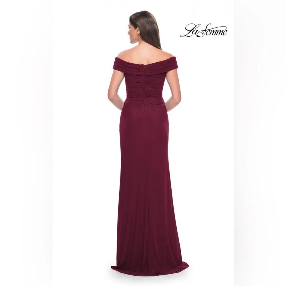 La Femme Off Shoulder Trumpet Gown, Wine color, Size 10, $328 - Image 4