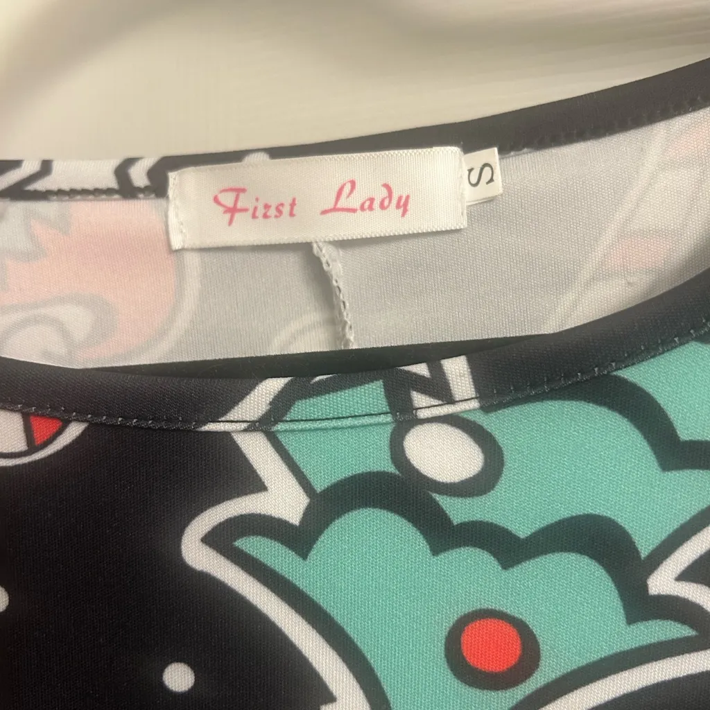 Festive Holiday Dress with Elf and Tree Print Black - Image 3