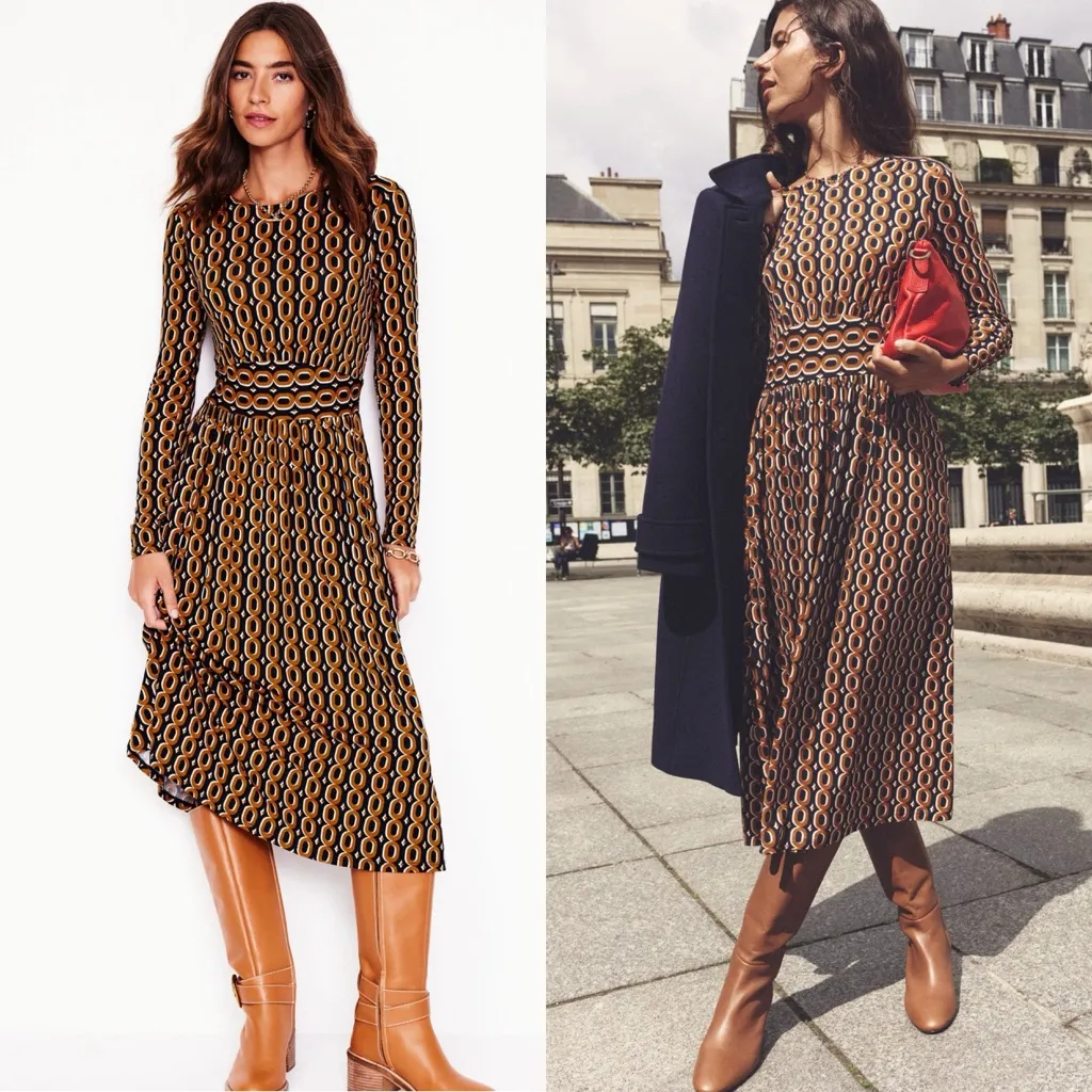 Boden Thea Short Sleeve Jersey Dress in Ochre Chain Size 4 Gold - Image 2