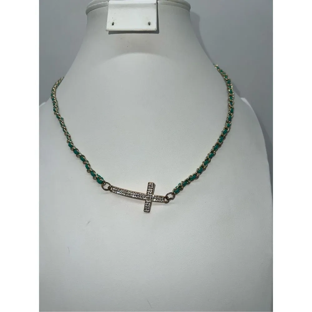 Gold‎ Tone and Green Leather Chain Crystal Sparkle Cross Necklace Gold - Image 2