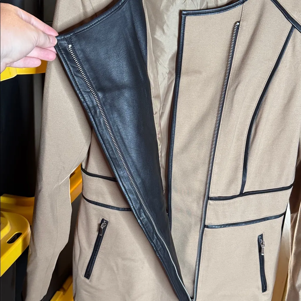 INC International Concepts Faux Leather Trim Khaki Moto Blazer Coat Size Large Tan - Image 8
