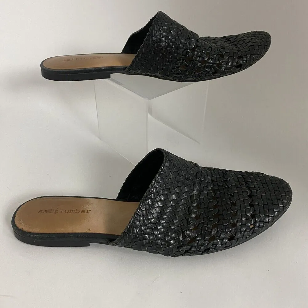 Salt + Umber Black Woven Leather Weaves Mules Slip On Flats Women’s 9 Feminine - Image 11