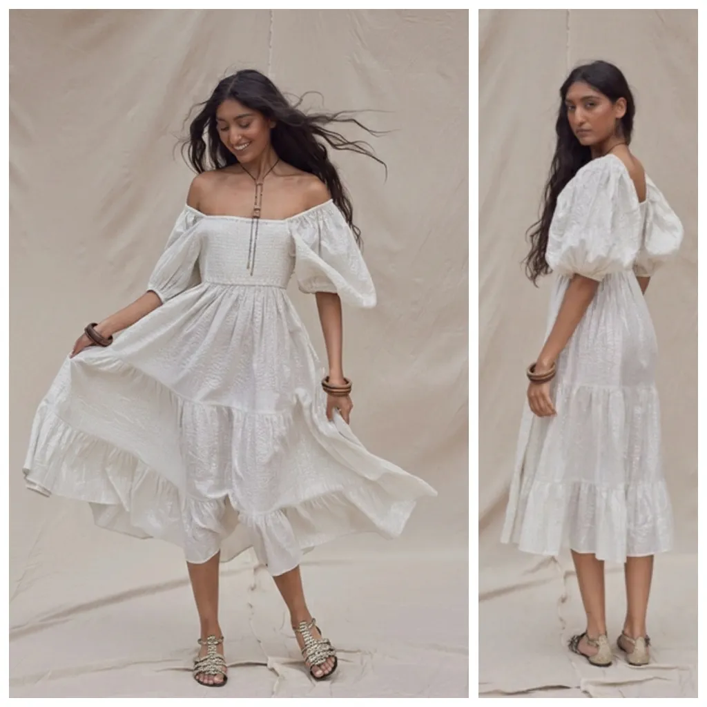 Jens Pirate Booty Wonderland Alice Metallic Striped Ivory Puff Sleeve Dress - Image 2