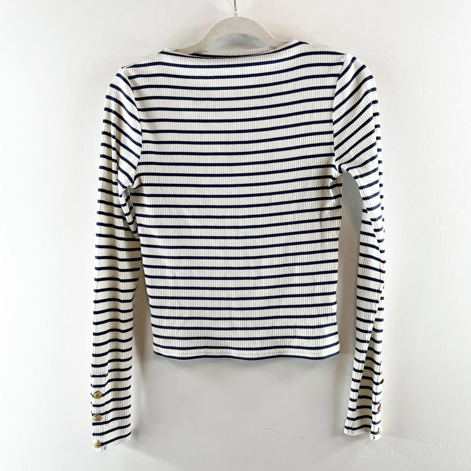 J. Crew Vintage Rib Split Neck Striped Tee Shirt Top Gold Buttons White Blue XS - Image 3