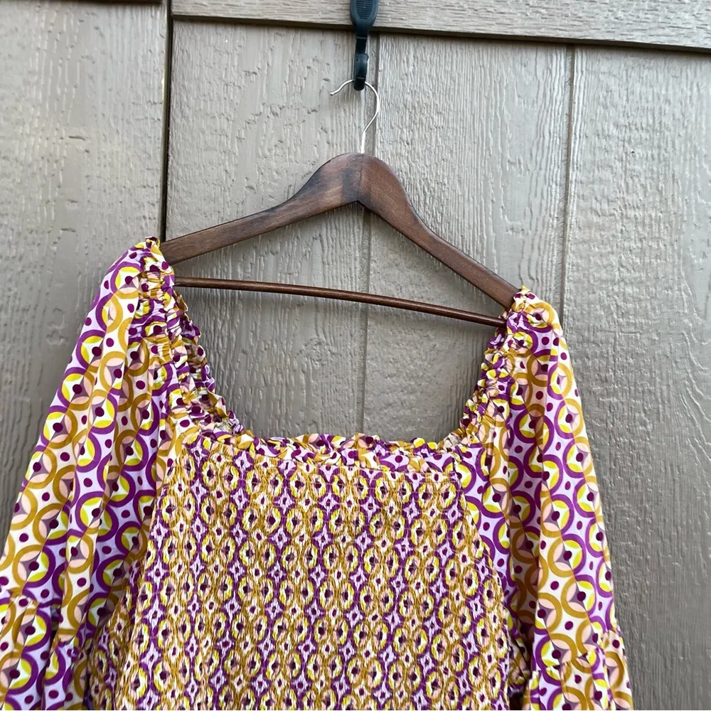 Terra and Sky Womens Shirt Blouse Purple Orange Geometric Smocked Plus Size 3X - Image 4