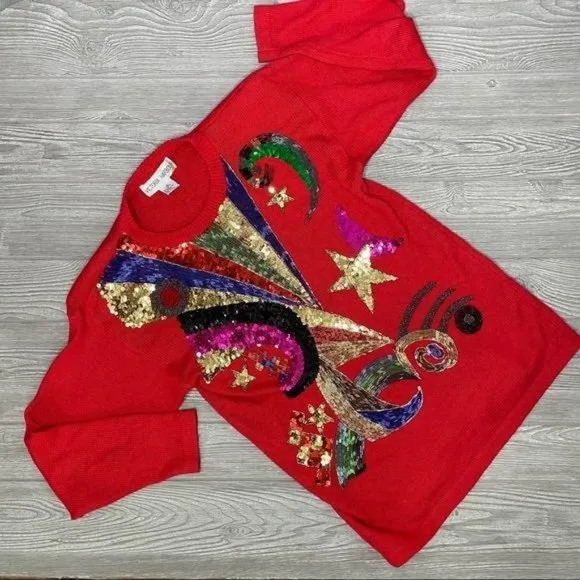 Vintage Victoria harbor knit long sleeve sequin and beaded sweater shirt sm Red - Image 2