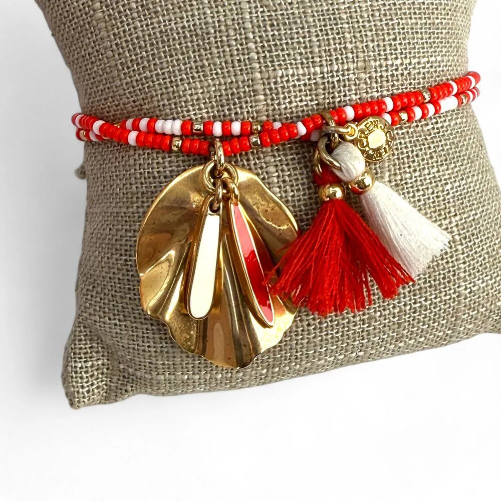 J Crew Beaded Stretch Bracelet Red and White Gold Tone Leaf Charm - Image 6