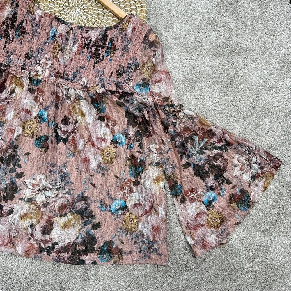 Anthropologie Akemi + Kin Floral Lace Patrizia Bell Sleeve Smocked Top Boho S - Image 10