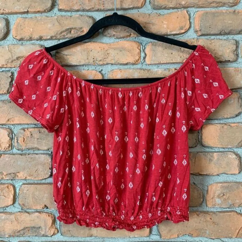 H&M x Coachella Top Women's Size XS Red Off Shoulder Cropped Western Boho Ruffle - Image 2