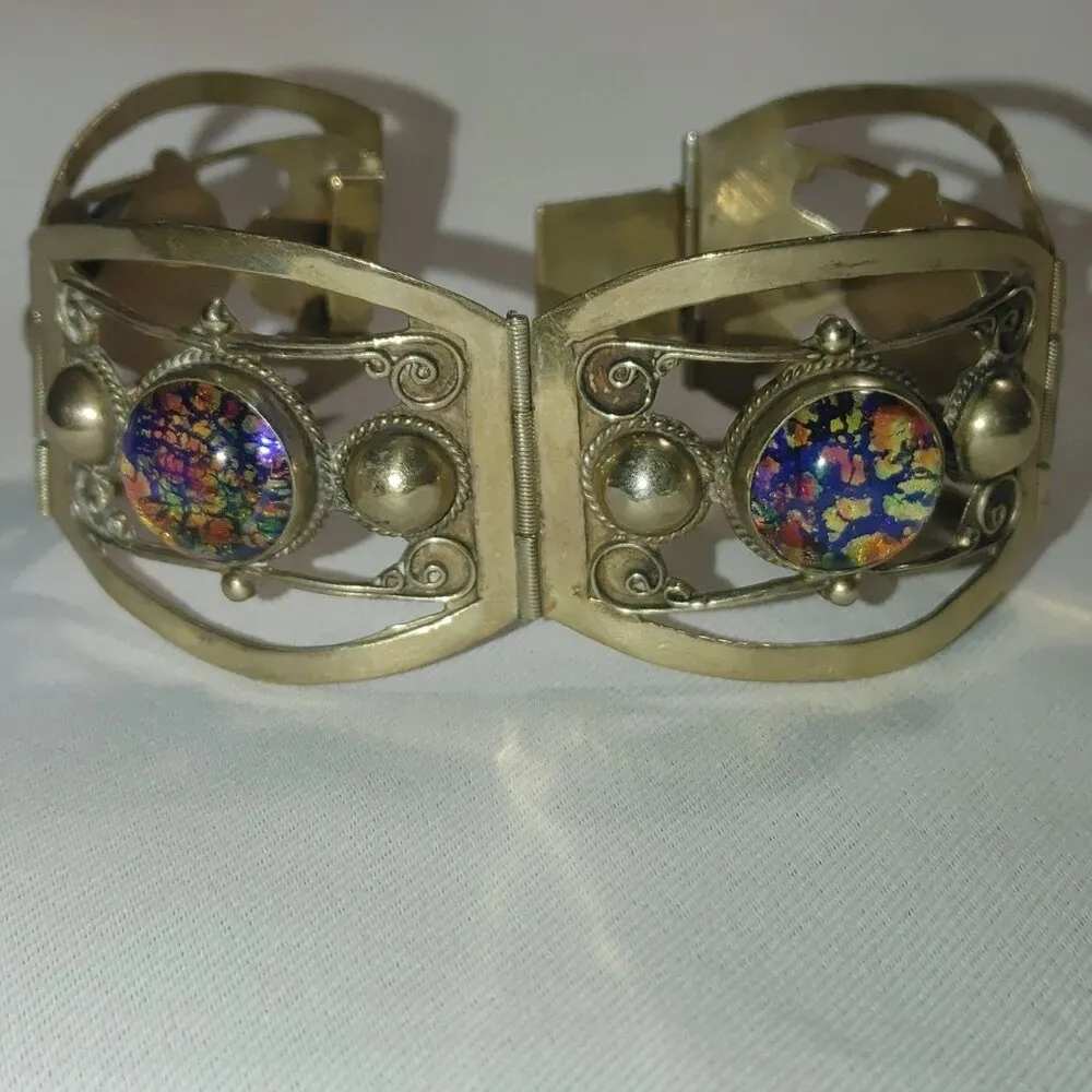 Iridescent Mexican Sterling Silver Bracelet Vintage Art Deco Style Hinge Panels - Image 2