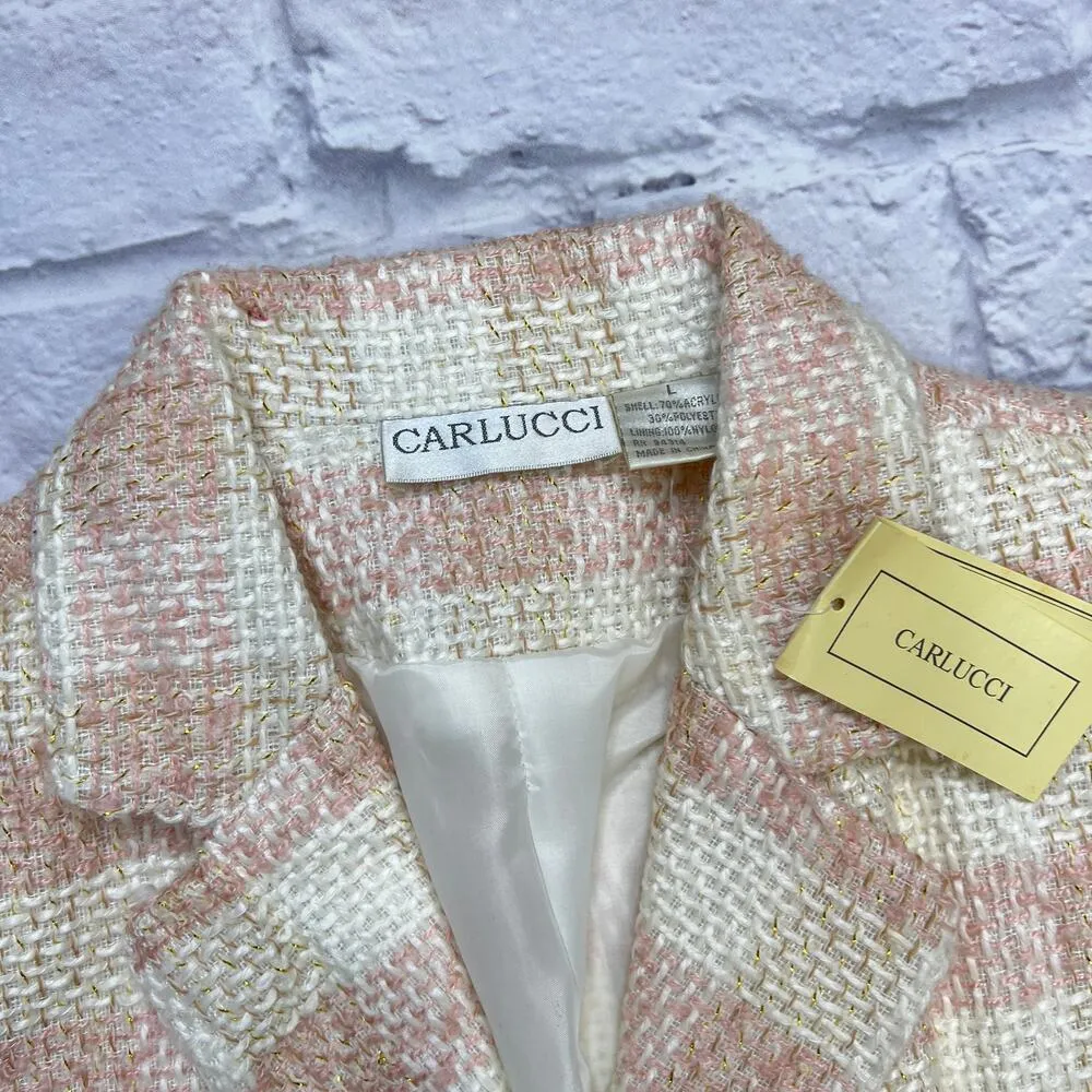 Carlucci Womens Blazer Size L Pink White Check Tweed Raw Hem Gold NEW Size L - Image 5