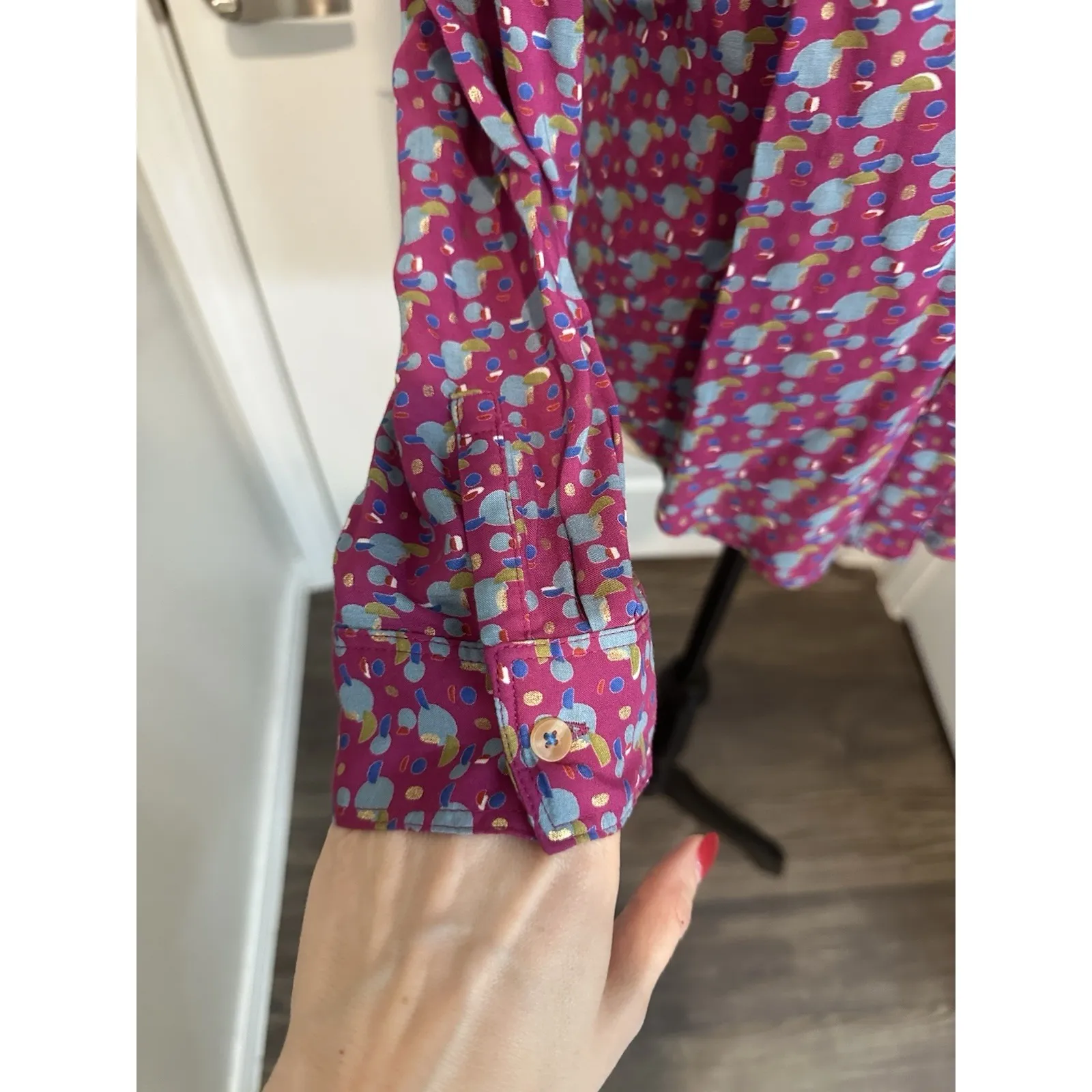 Maeve Anthropologie Calico Button Down Top Purple Blue Gold Print Sz 4 Ditzy Dot - Image 3