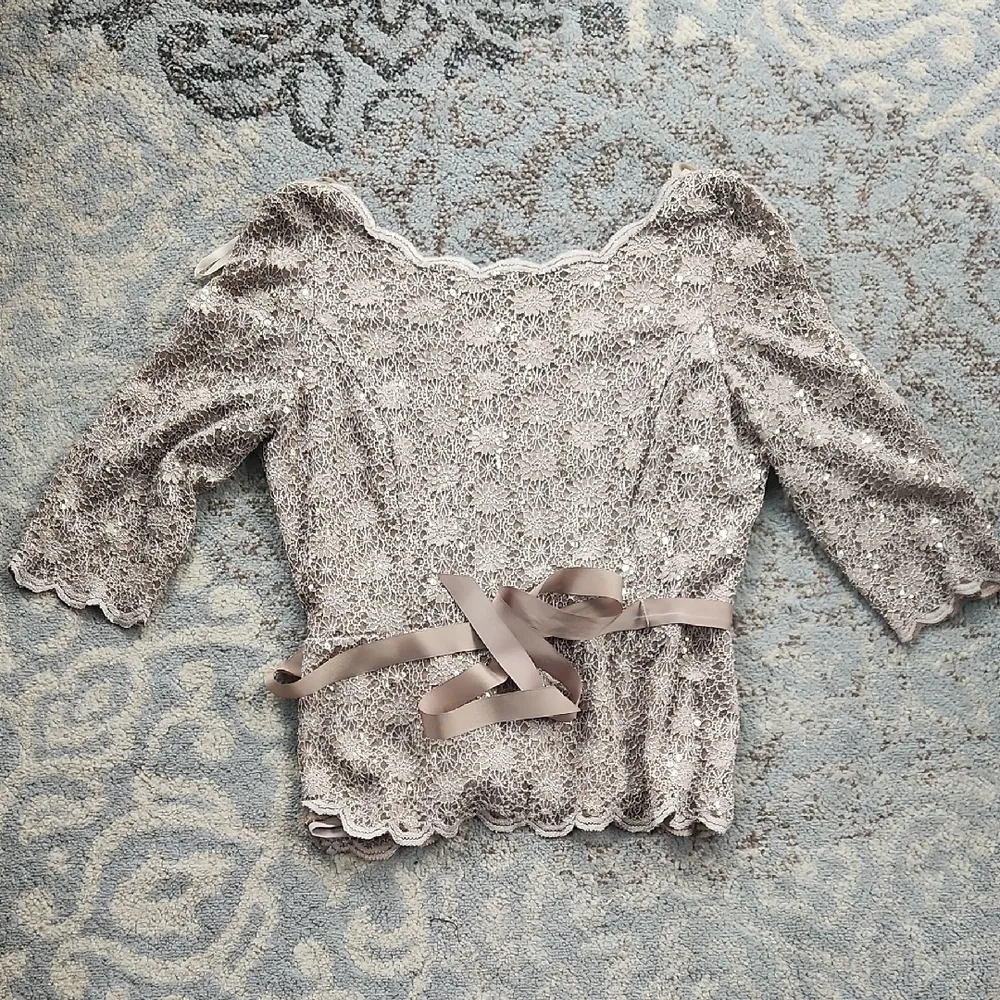 Alex Evenings Sequin Embroidered Lace Top Champagne Tan XL - Image 2