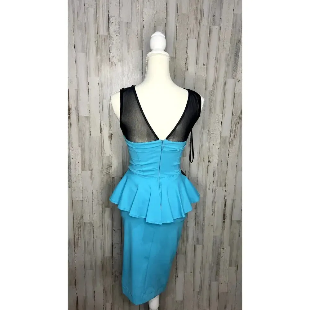 NWT Bebe Blue‎ Mesh Yoke Sleeveless Peplum Midi Dress XS Party Cocktail - Image 4