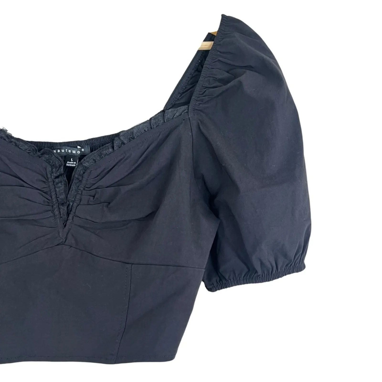 Haute Monde Crop Top Womens L Black Smocked Puff Sleeve Milkmaid Coquette Witchy - Image 2