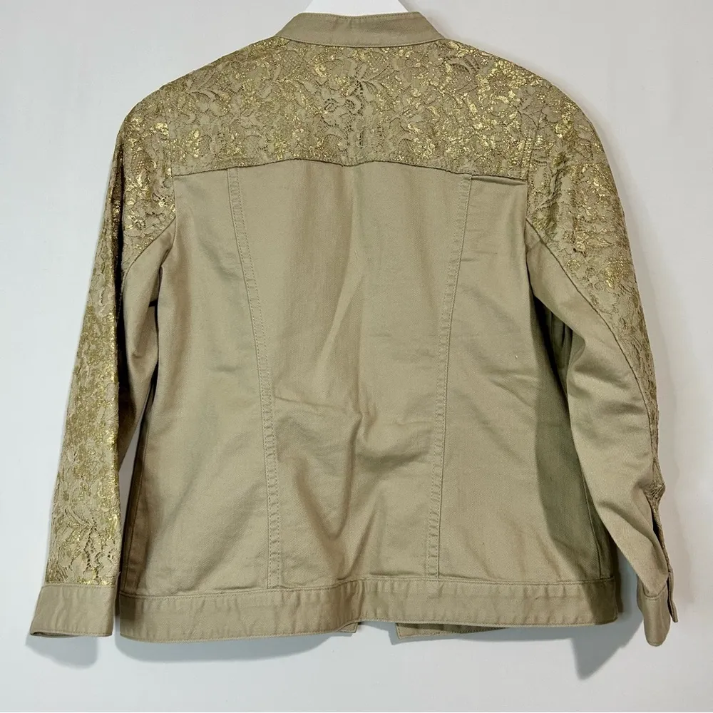 Chico’s Women’s Platinum Khaki Denim Floral Gold Metallic Jacket Size Small EUC - Image 8