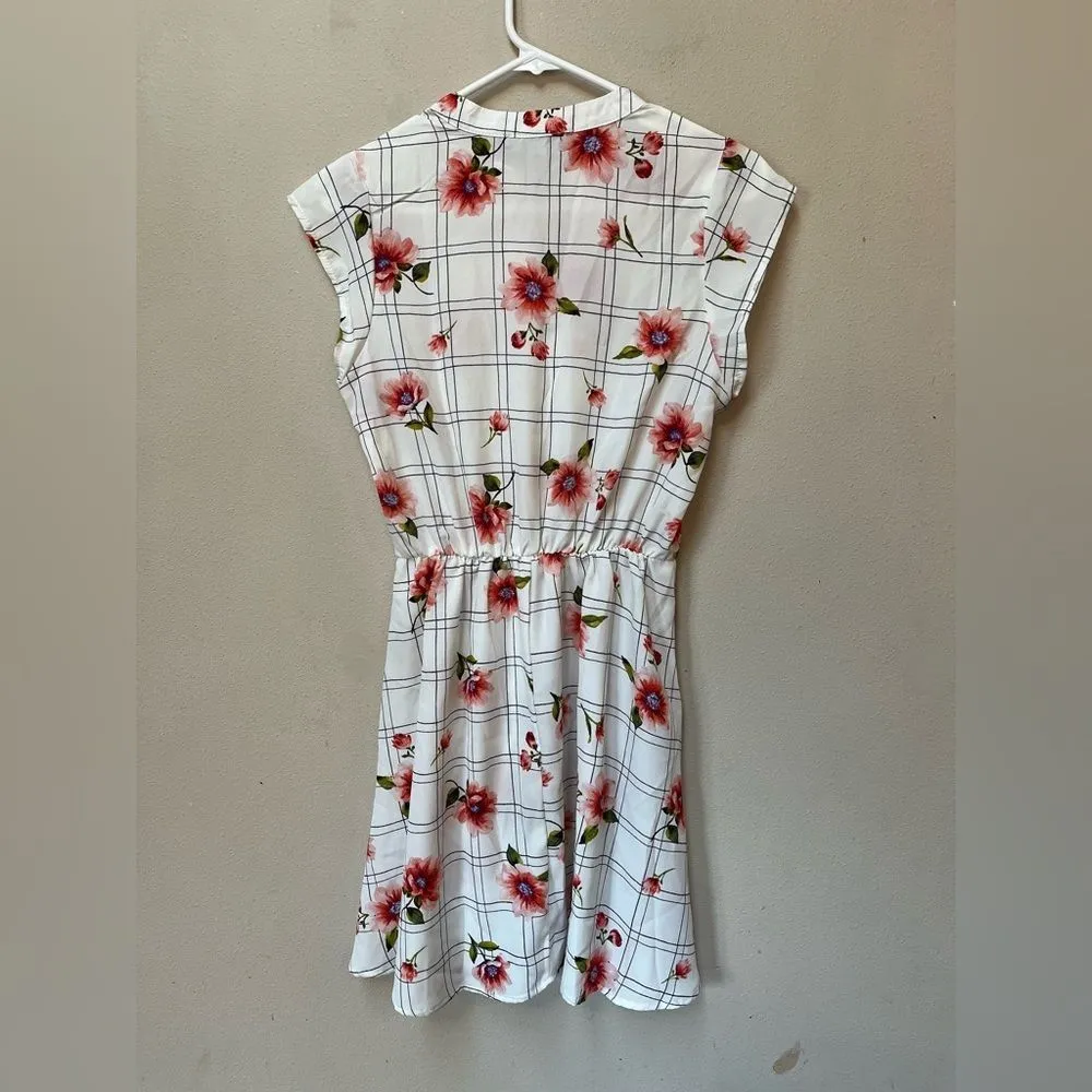 Sweet Rain Women’s White Pink Floral Checker Print Short Sleeve Mini Dress Small - Image 8