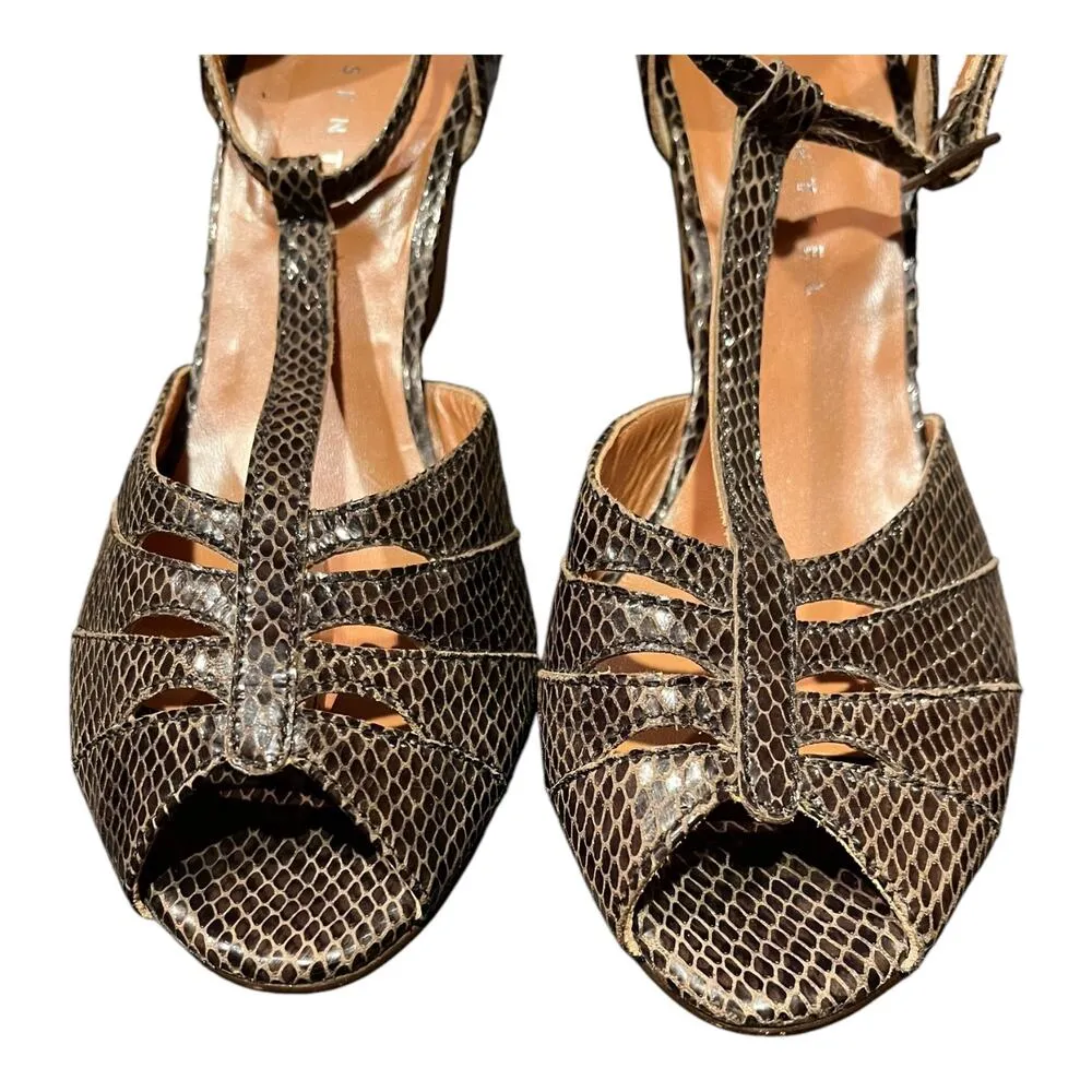 ESSENTIEL Wedge Leather Snake Embossed Cork Heel Peep Toe Buckle Italy EU 38 EUC Brown Size 7 - Image 3