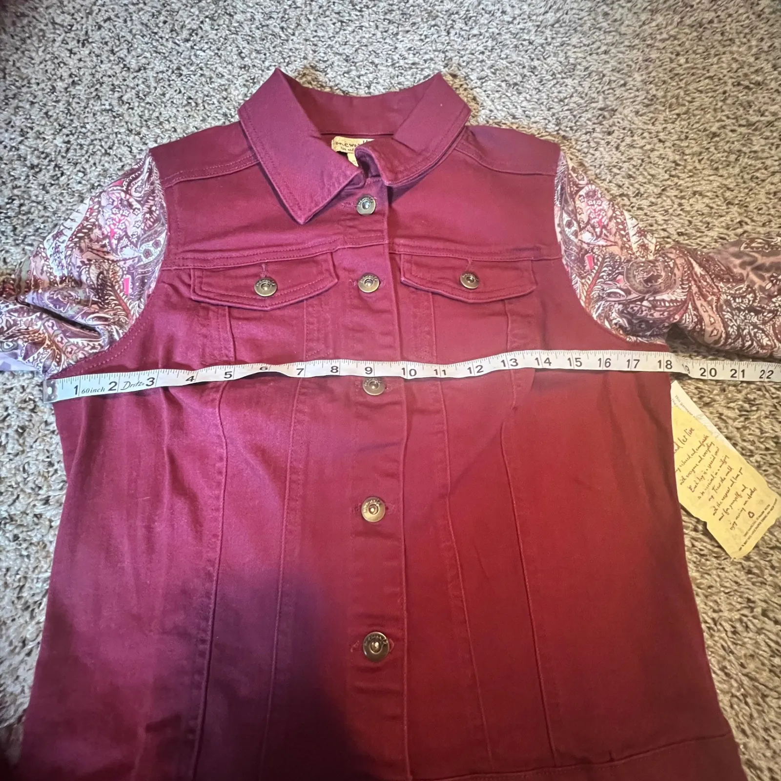 One World Womens Burgundy Denim Jacket Paisley Print Lighweight Sleeve Size S - Image 5