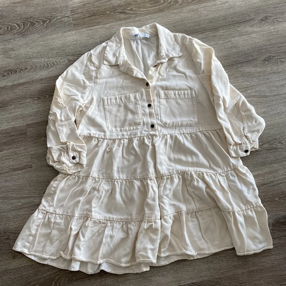 poplin long collared shirt dress tiered cream ivory ecru 3/4 sleeve large - Image 6