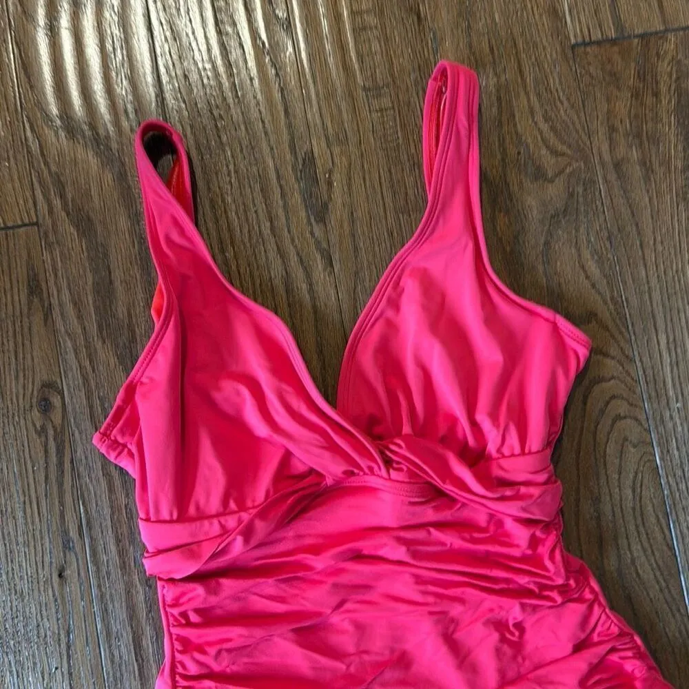 Lauren Ralph Lauren neon pink vneck ruched tummy control one piece 10 - Image 4
