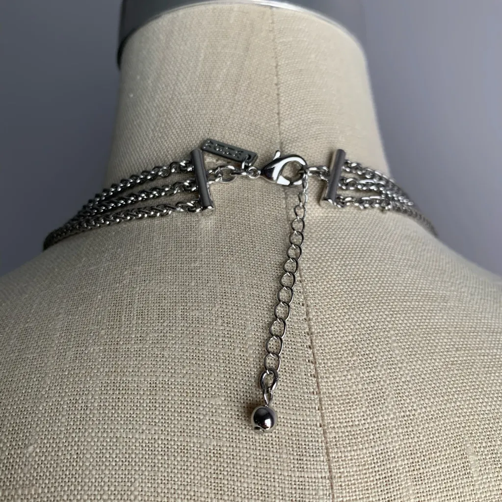 White House Black Market boho taupe leather tassel necklace silvertone chains - Image 7