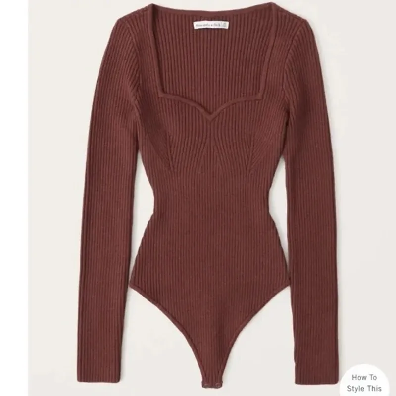 Abercrombie Sweetheart Neckline Long Sleeve Ribbed Sweater Bodysuit Brown Medium - Image 2