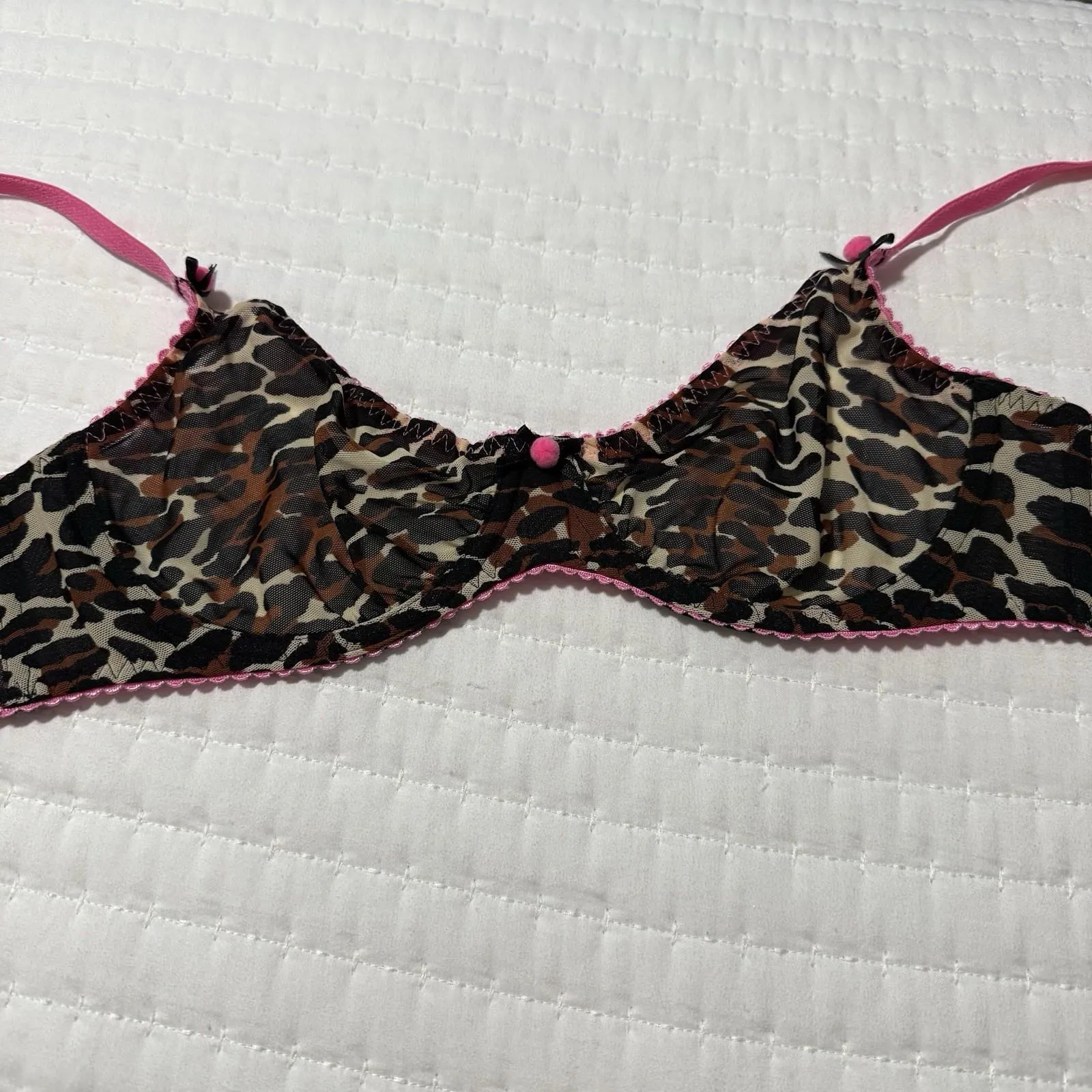 Betsey Johnson Animal Print 34C Unlined Semi Sheer Mesh Brown Pink Accents - Image 8