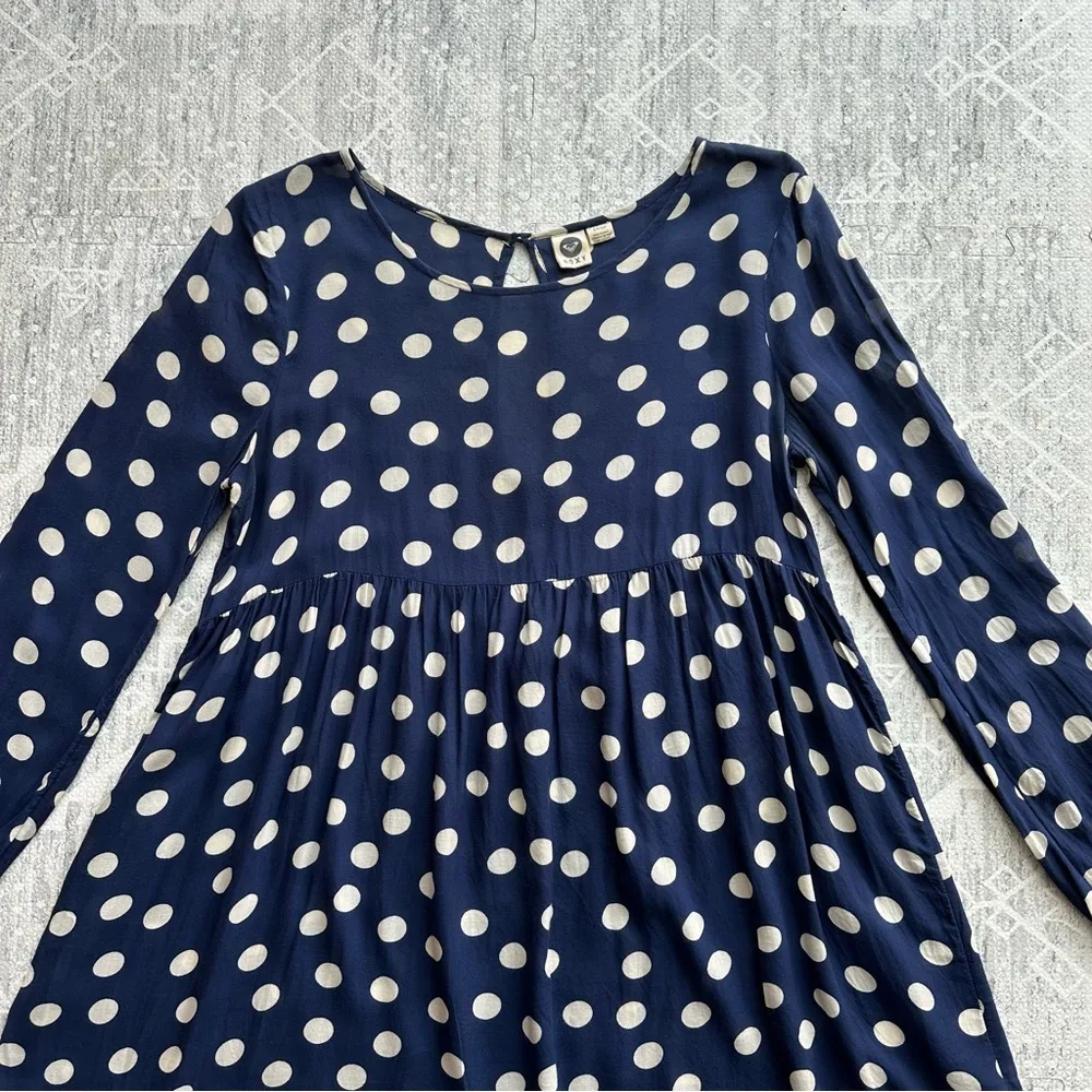 Roxy Sun Empire Navy Classic Polka Dot Babydoll Mini Dress Size S Balloon Sleeve - Image 2