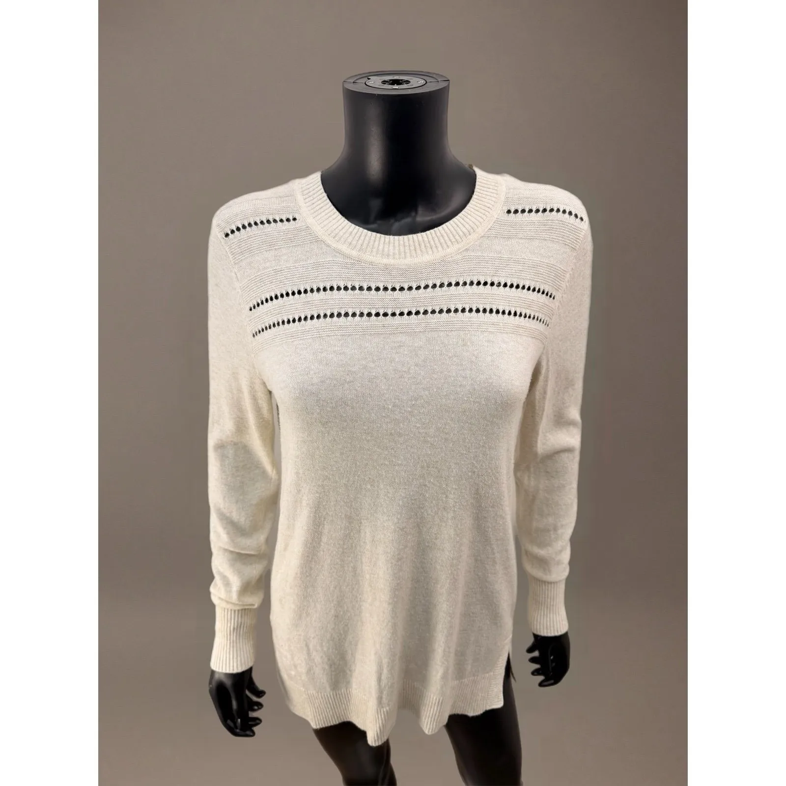 LOFT Cream Wool Blend Pointelle Long Sleeve Tunic Sweater Size M - Image 2