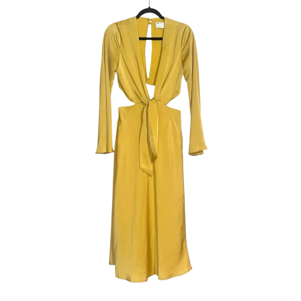 ASOS Design Tie Front Plunge Satin Yellow Long Sleeve Cut Out Midi Dress US 6 - Image 4