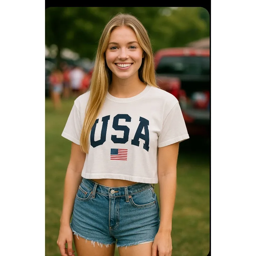 Ideal T USA Red White Blue Flag White Short Sleeve Cropped Tee T - Image 2